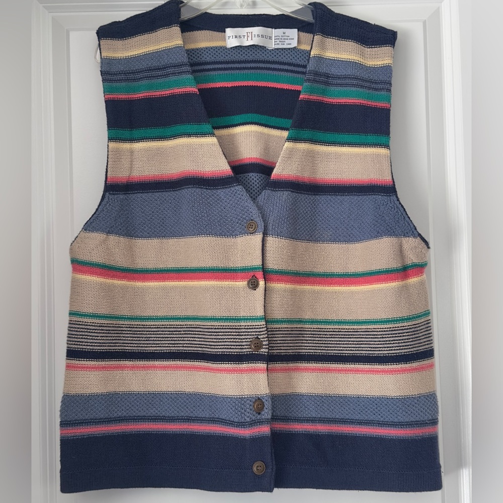 1990s Vintage First Issue Cardigan Sweater Vest 100% Cotton Blue Pink Tan Stripe